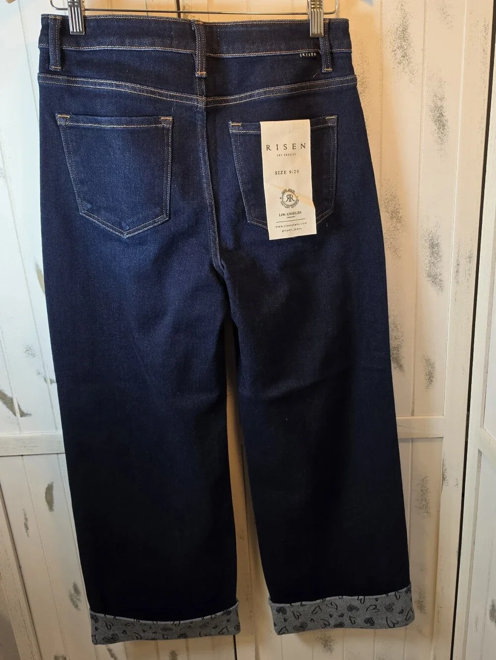 Risen Crop Wide Leg Dark Blue Jeans with Cuffed Heart-Print Hem